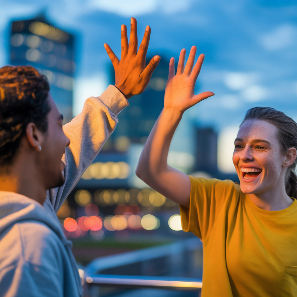 Two people doing a high-five, palms meeting with all fingers