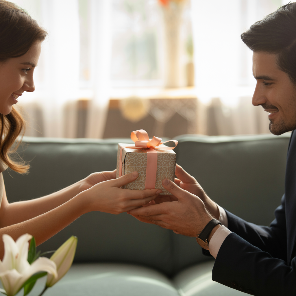 One person handing a small gift box to another person, both 