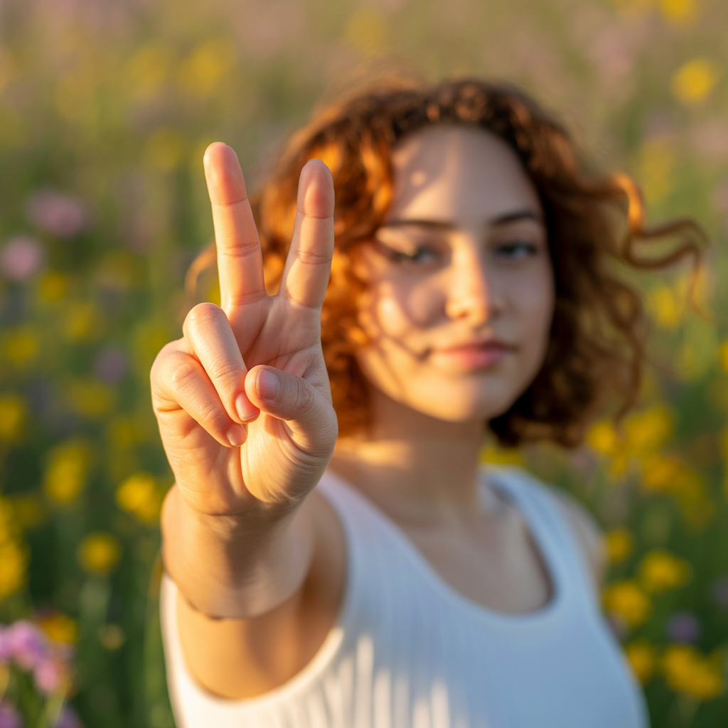 A person making a peace sign with their right hand, clearly 