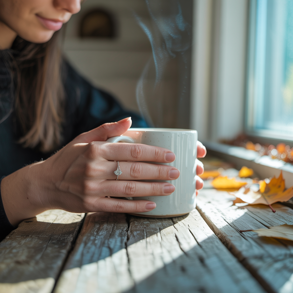 A person holding a white ceramic coffee mug by the handle wi