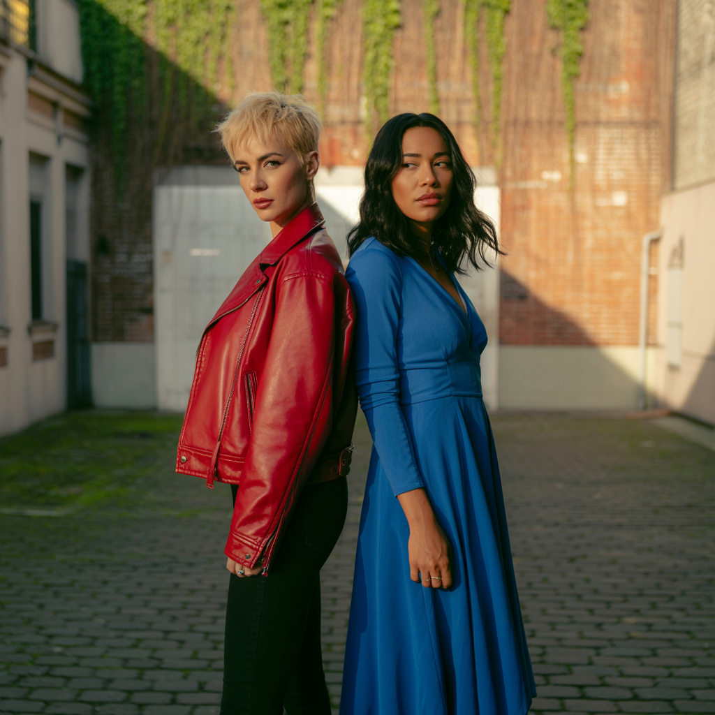 Two women standing side by side: one with short blonde hair 