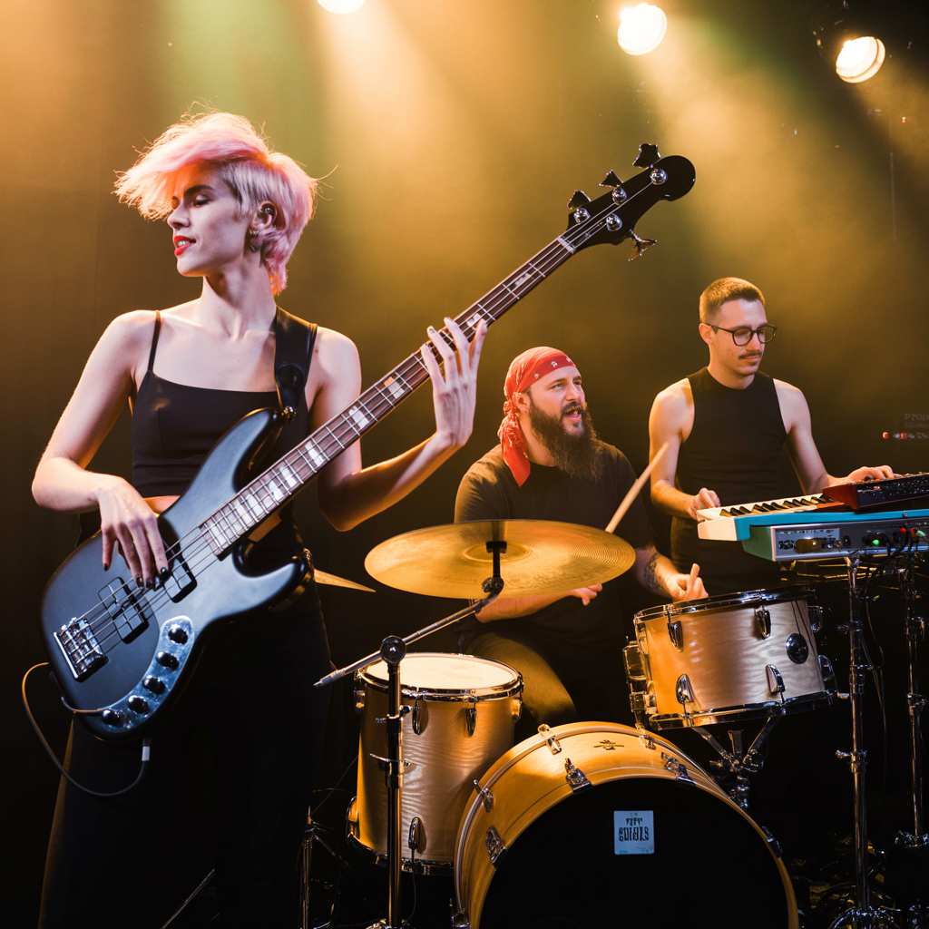 Three musicians on stage: a tall woman with short pink hair 