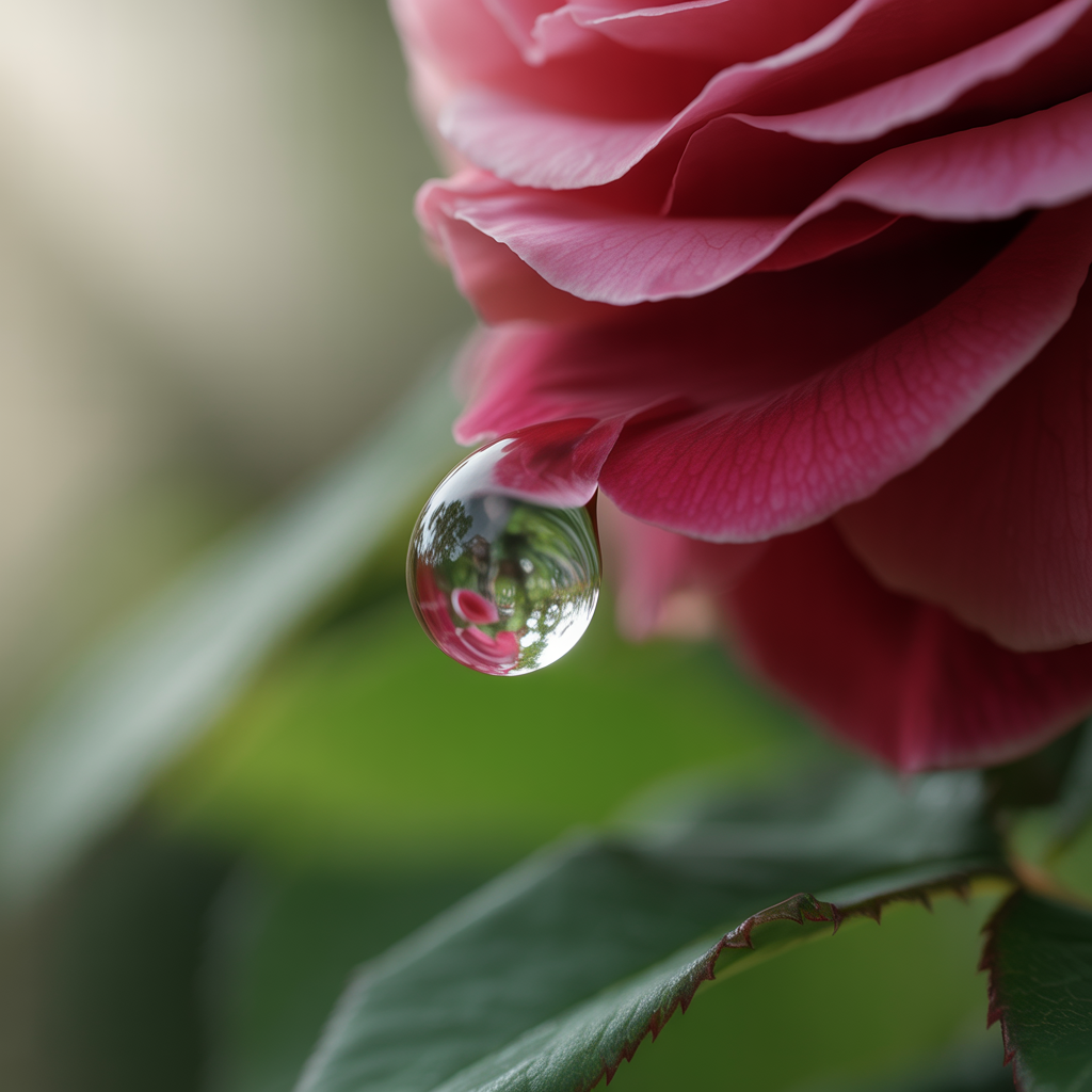 A close-up macro shot of a single dewdrop on a rose petal, s