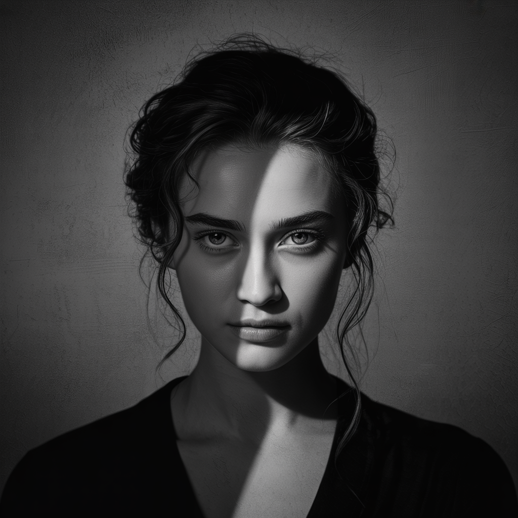 A portrait with dramatic split lighting — half the face brig