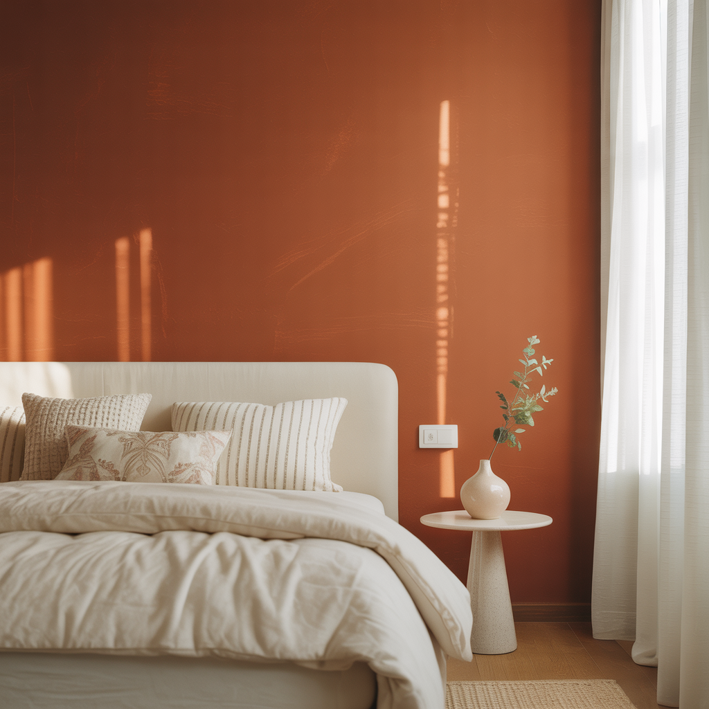 A bedroom wall painted in #FF6B35 (burnt orange) with white 