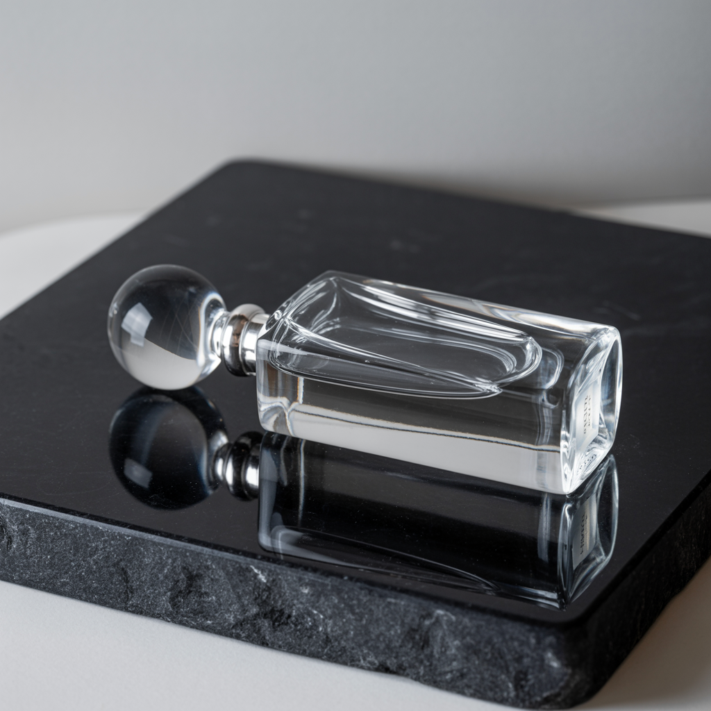 A clear glass perfume bottle on a reflective black surface w