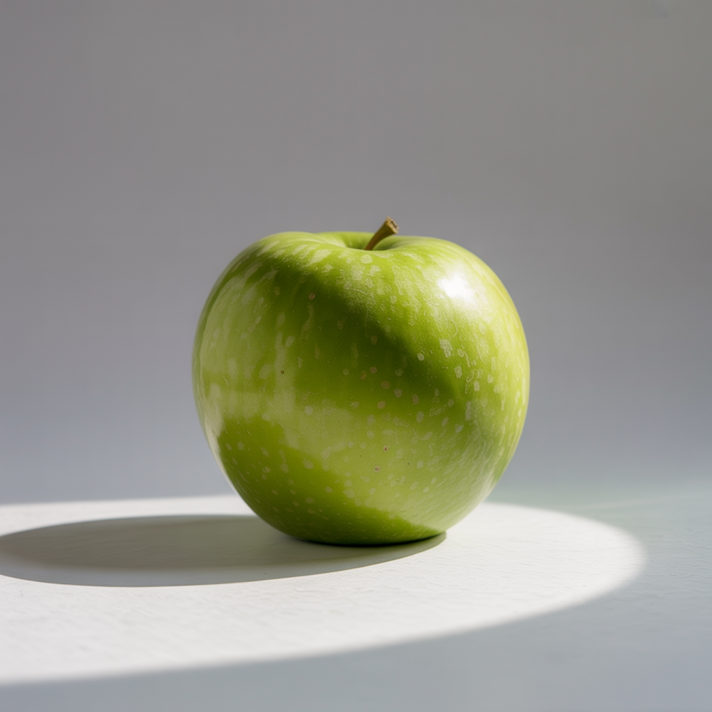 A ripe green apple on a seamless white background with soft 