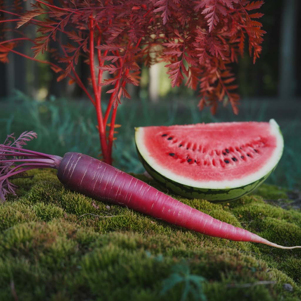 A purple carrot, a red tree with red leaves, and a white wat