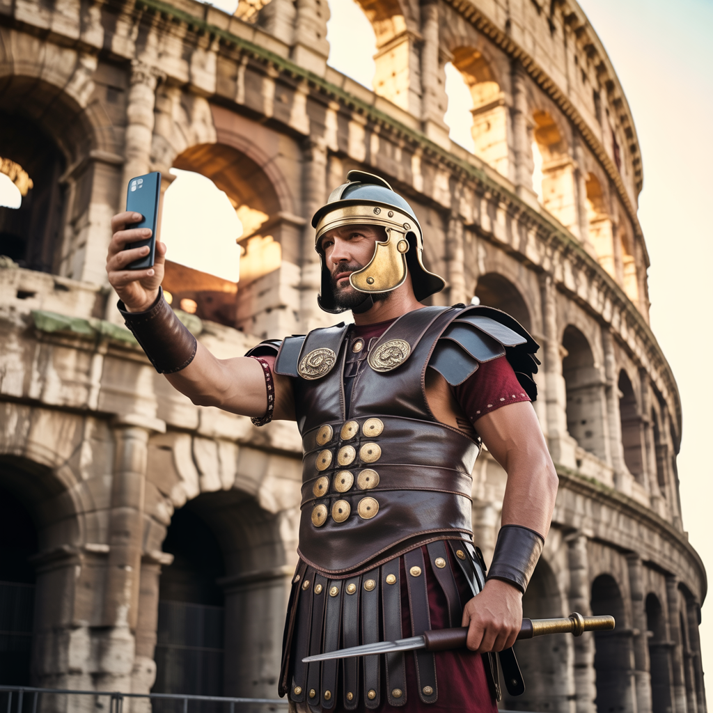 A Roman gladiator taking a selfie with a smartphone in the C