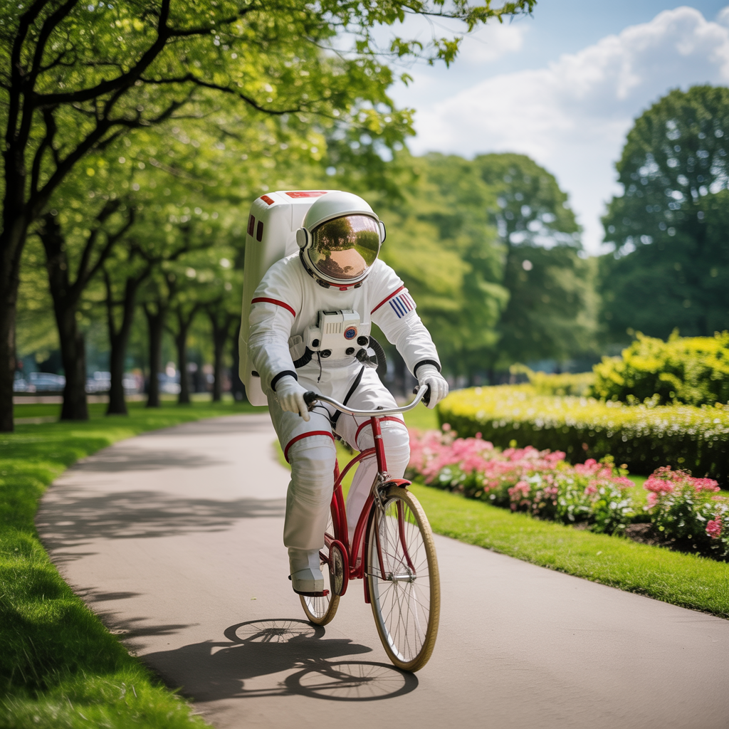 An astronaut in a spacesuit riding a bicycle through a park