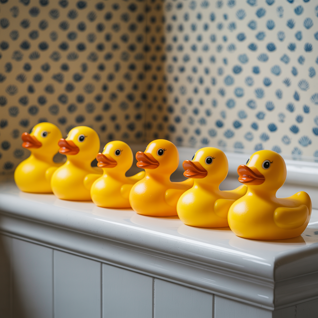 Exactly 5 yellow rubber ducks sitting in a row on a bathroom