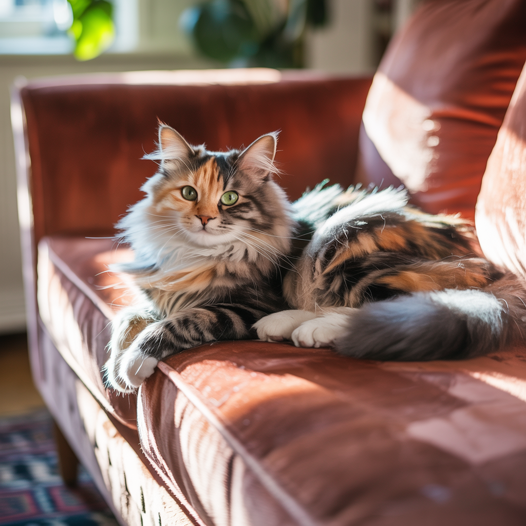 A cat lying on a couch without a collar