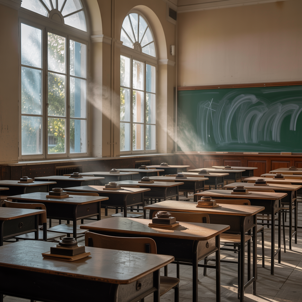 A classroom with desks and a chalkboard but no students