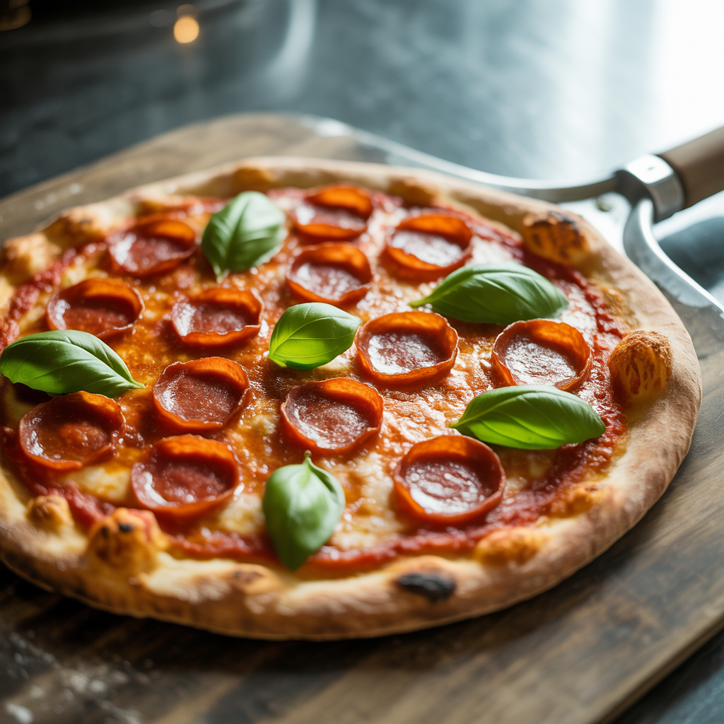 A pepperoni pizza with tomato sauce, basil, and crust but ab