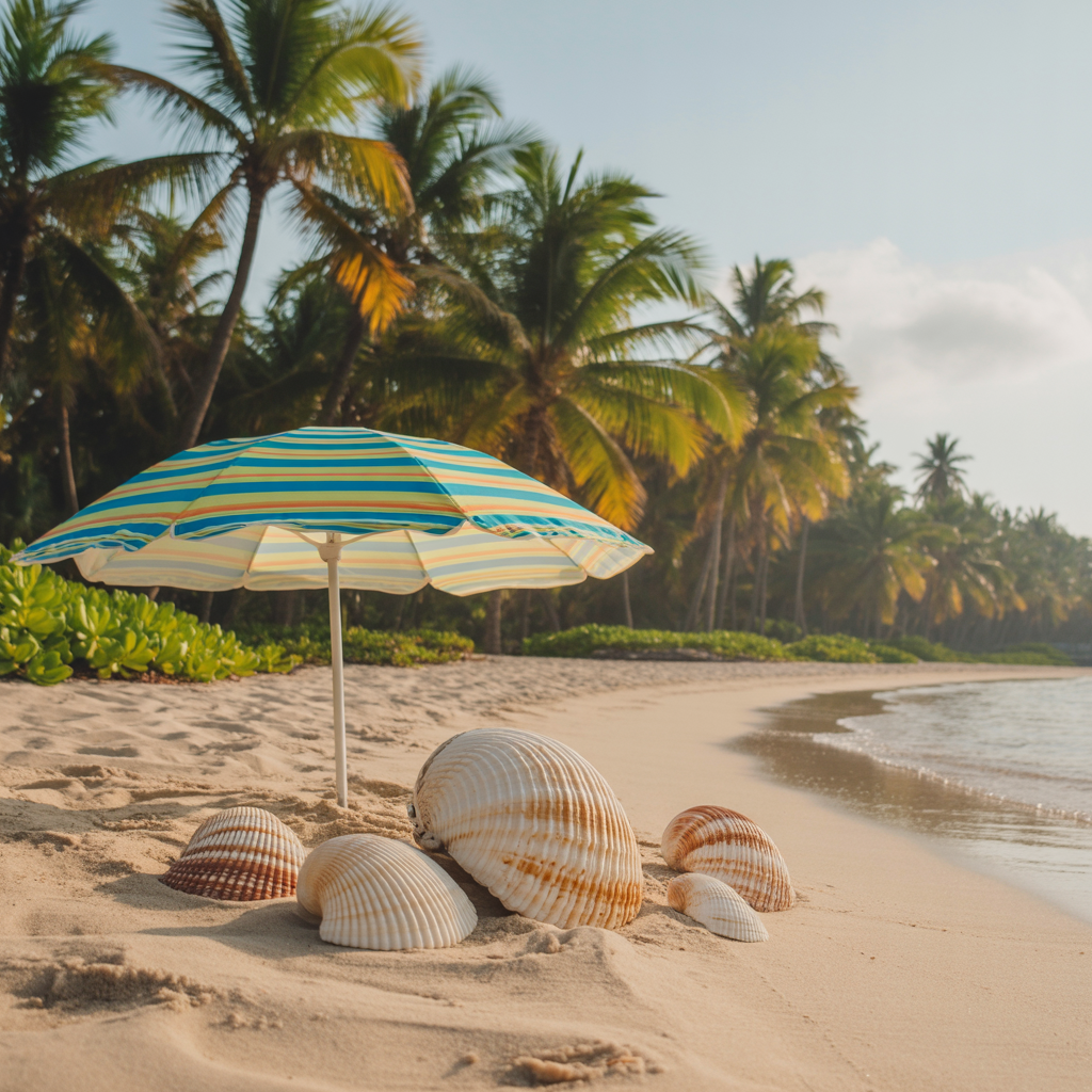 A sandy beach with palm trees, seashells, and a beach umbrel