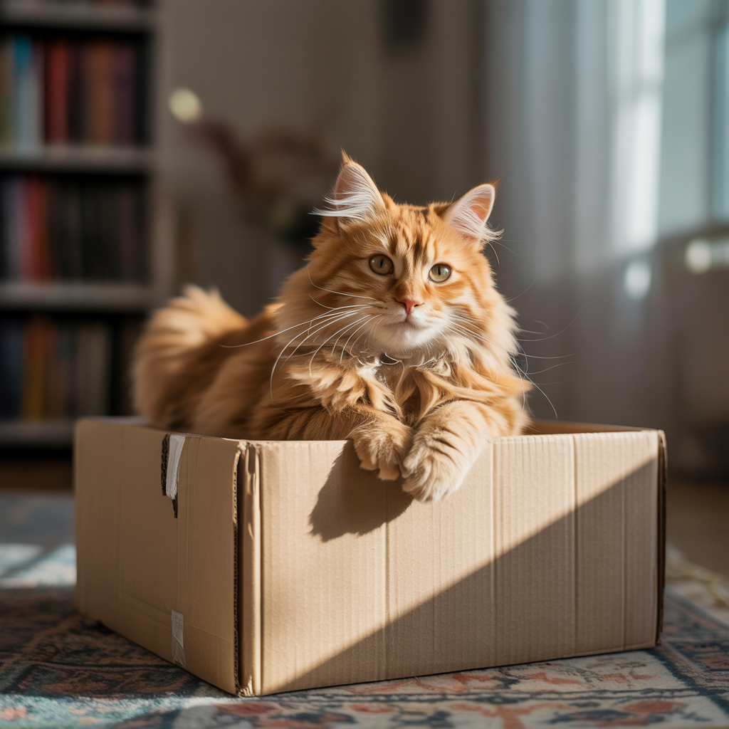 A cat sitting on top of a cardboard box