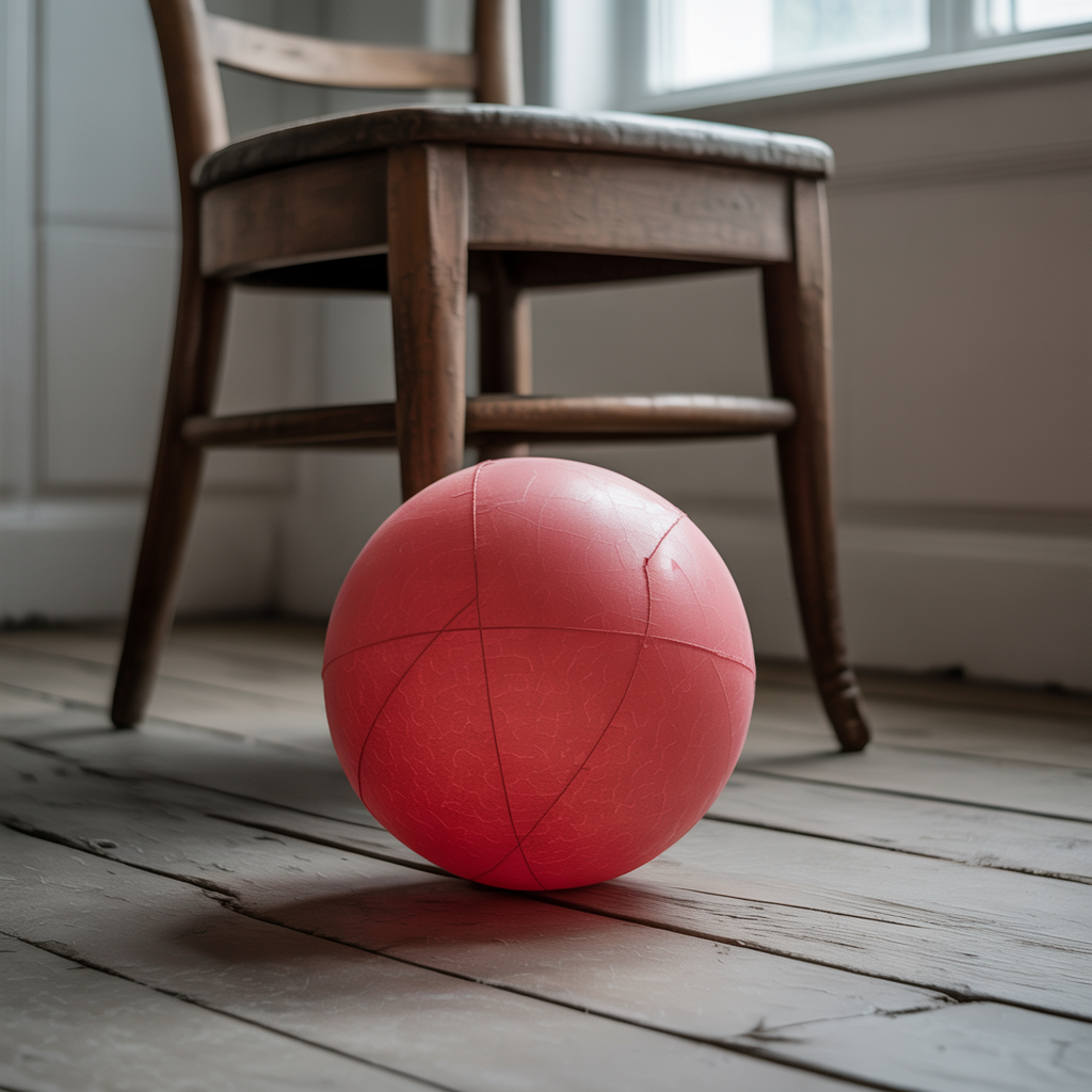 A red ball underneath a wooden chair