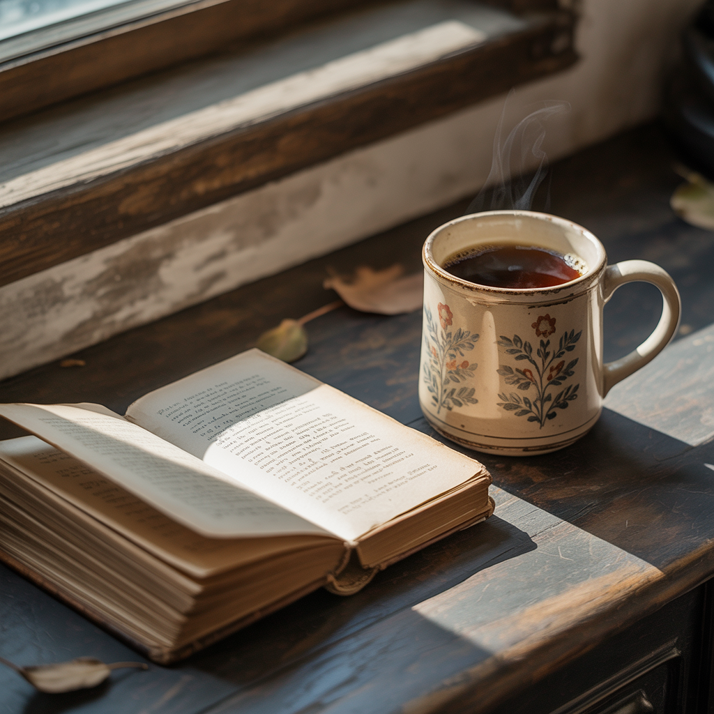 A coffee mug next to an open book on a desk