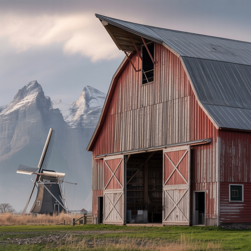 A landscape with a red barn in the foreground at large scale