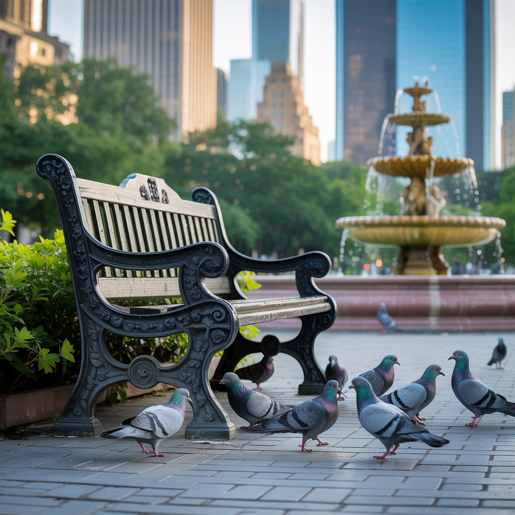 A city park with a park bench and pigeons in the foreground,