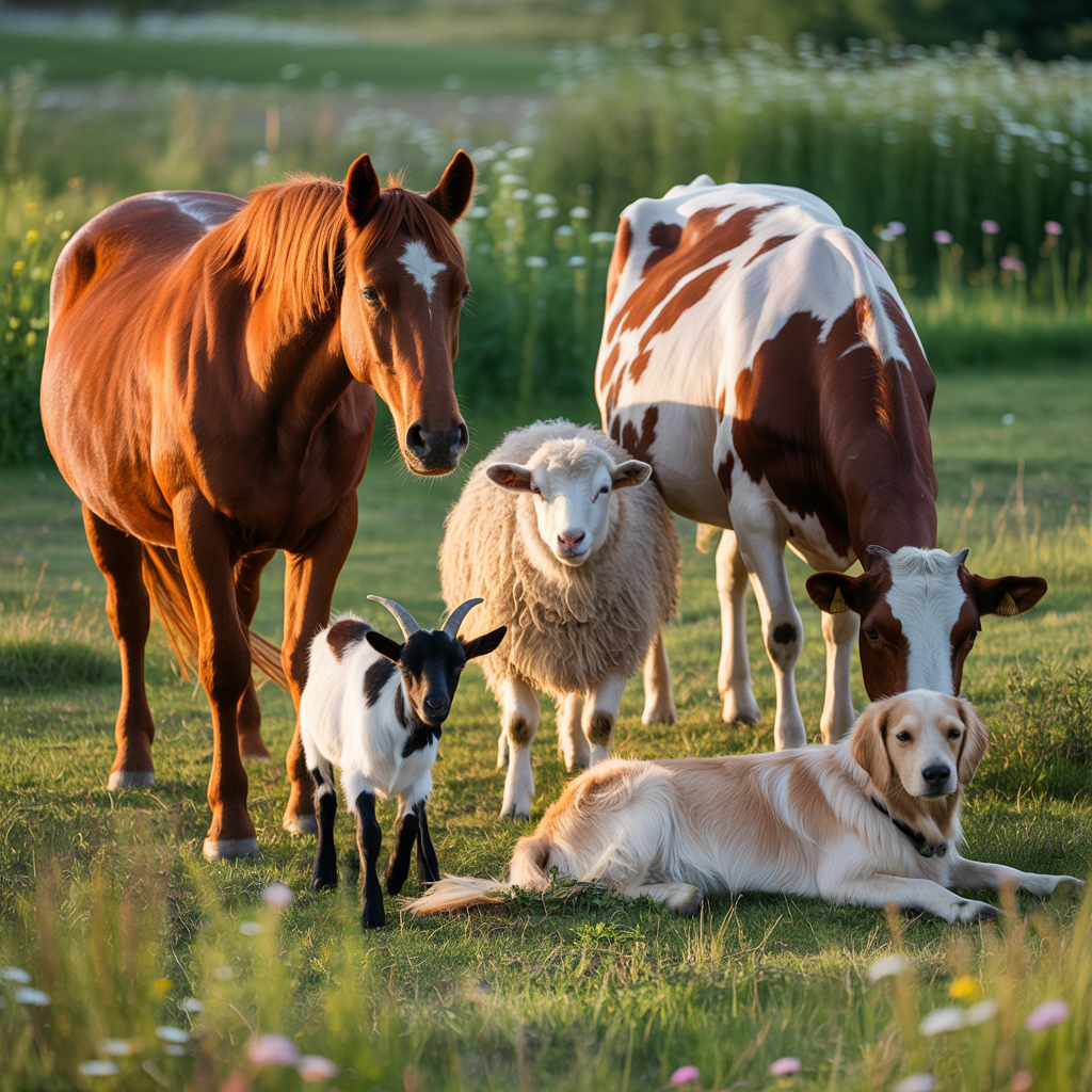 Five animals in a field: a horse on the far left, a cow to t