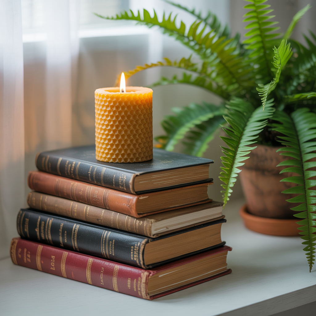 A candle on top of a stack of books, the books next to a pot