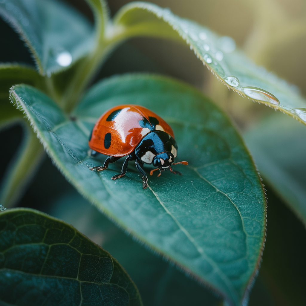 A ladybug sitting on a large green leaf, shown at realistic 