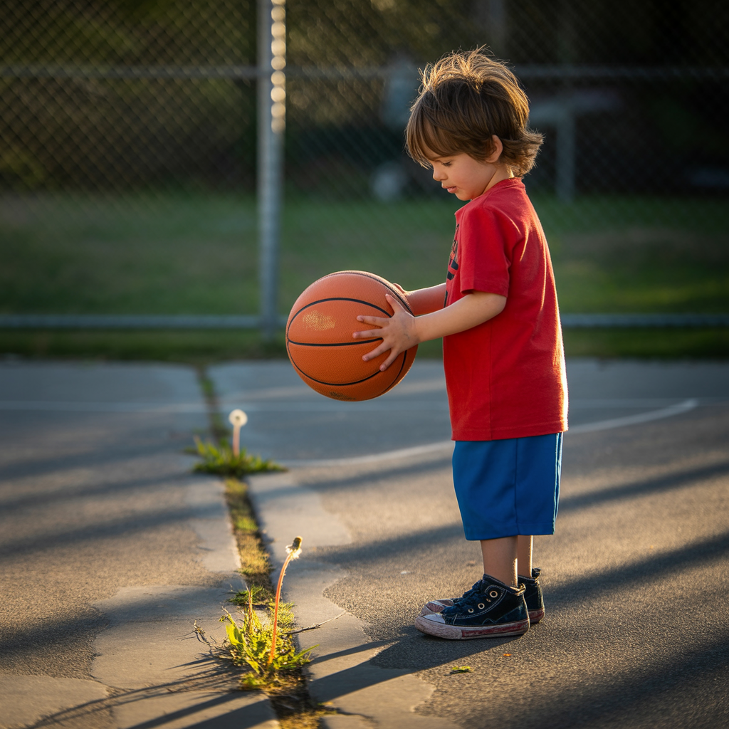 A child holding a basketball, both at correct relative sizes