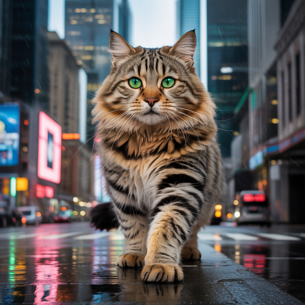 A giant tabby cat walking between city skyscrapers like a ka