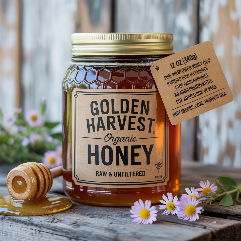A product label for 'GOLDEN HARVEST ORGANIC HONEY' with subt