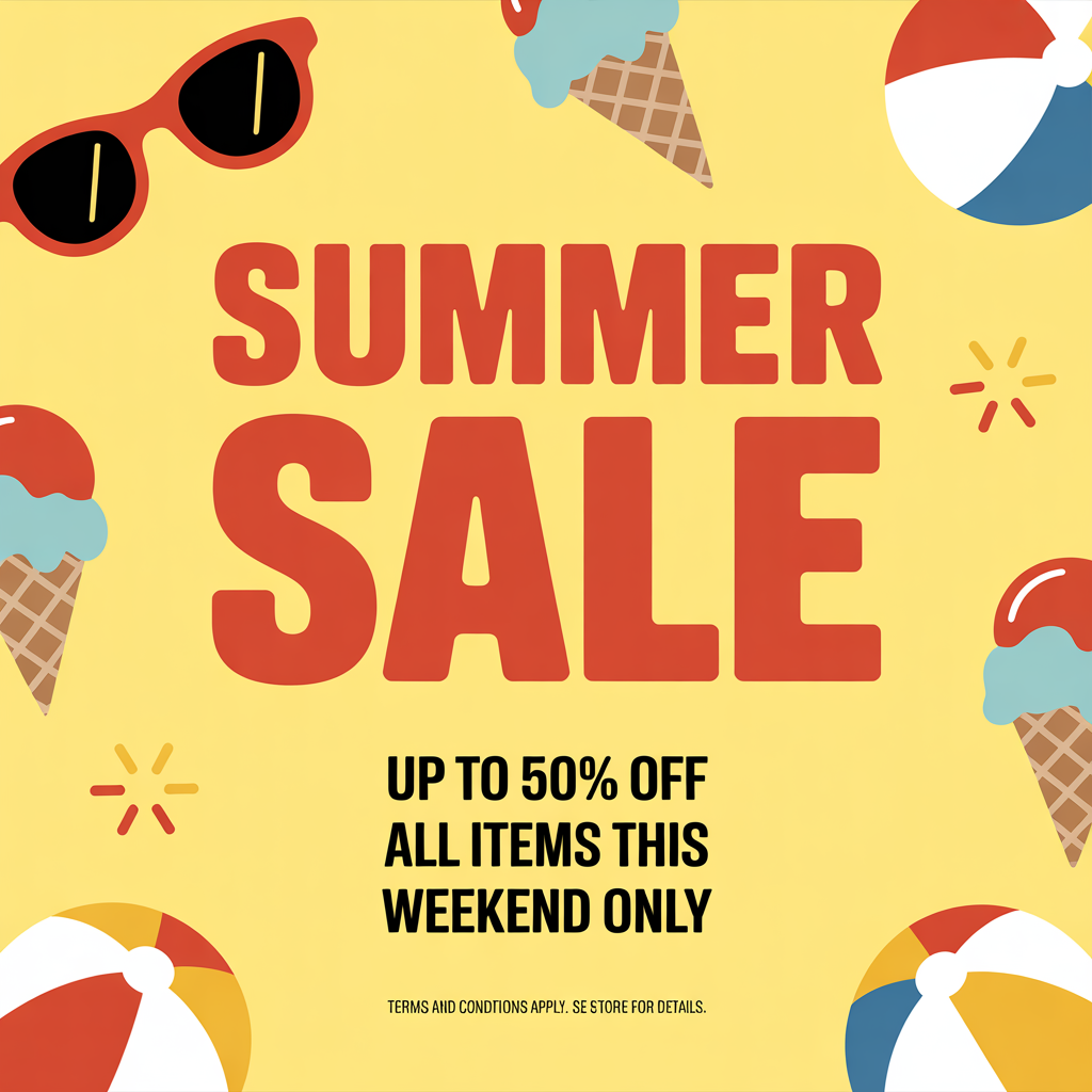 A poster with headline 'SUMMER SALE' in large bold text, bod