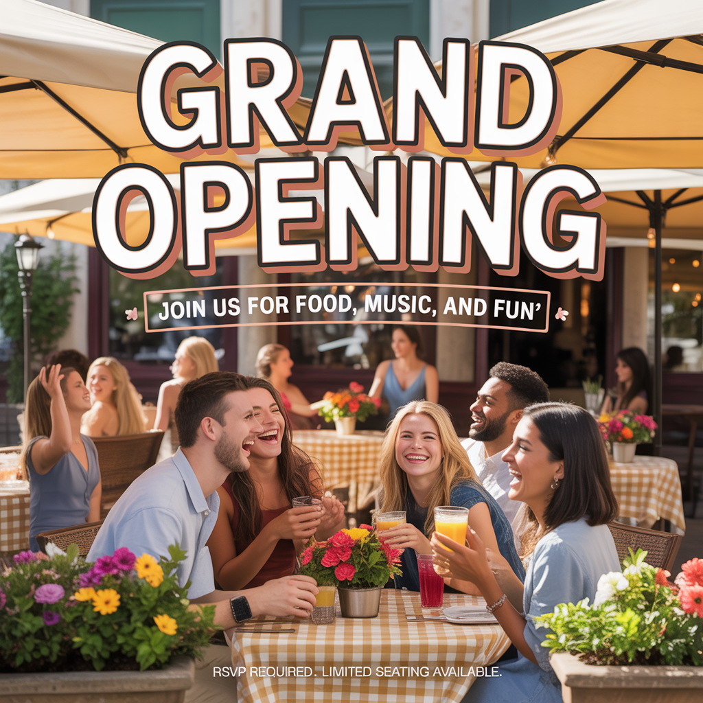 A flyer with large title 'GRAND OPENING', subtitle 'Join us 