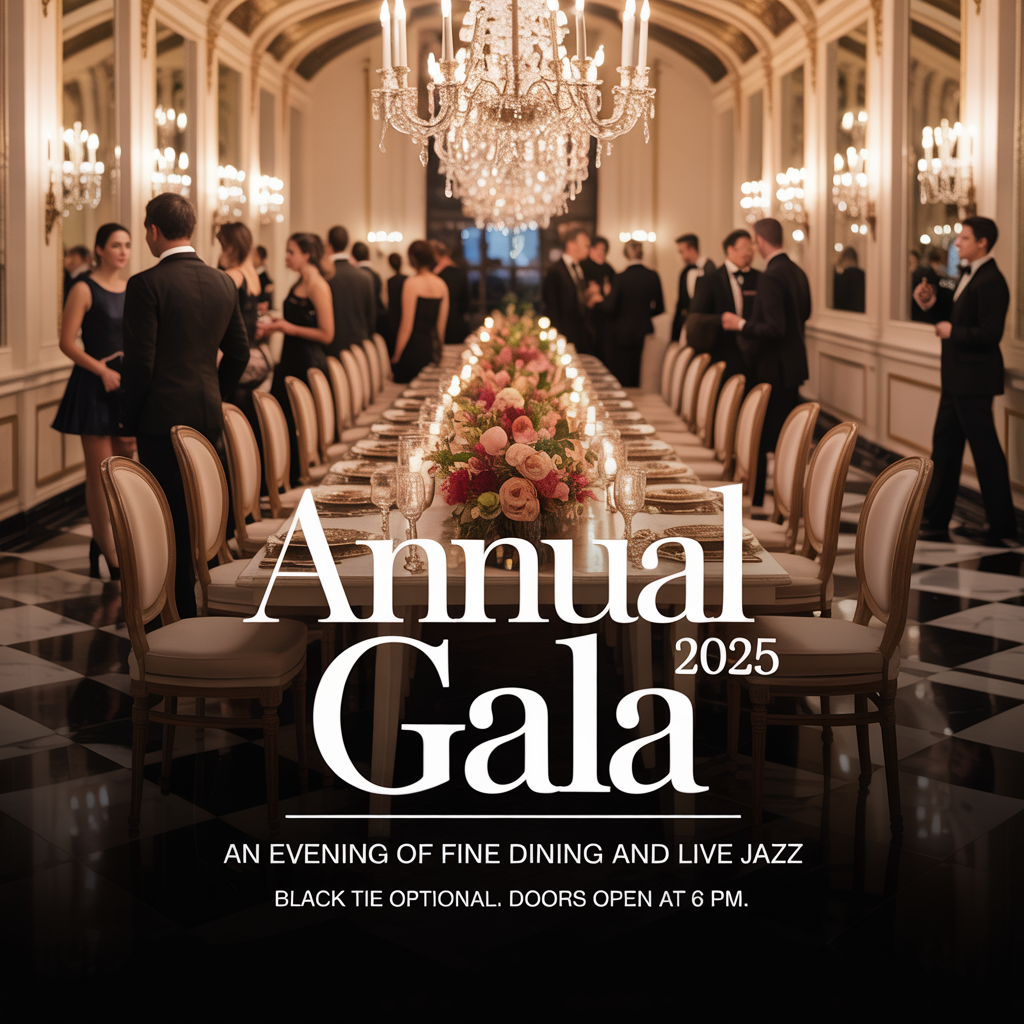 An event banner with headline 'ANNUAL GALA 2025' at the top 