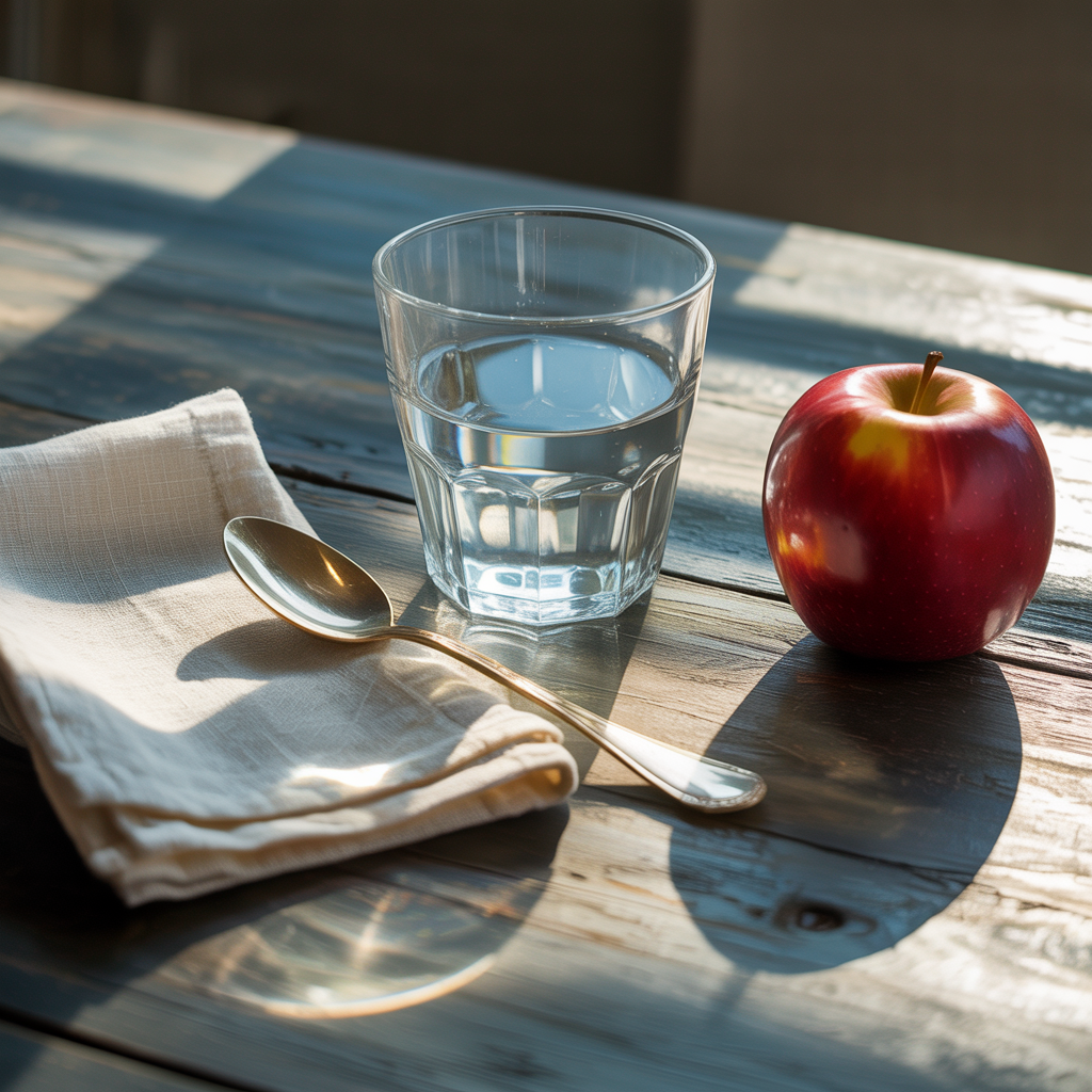 A still life on a wooden table featuring a clear glass of wa