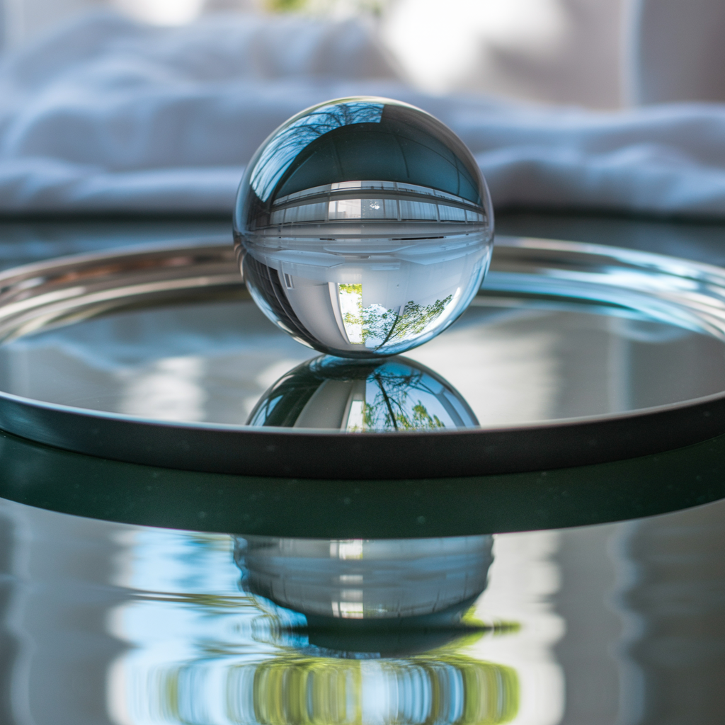 A clear glass sphere sitting on a mirror surface near a pool