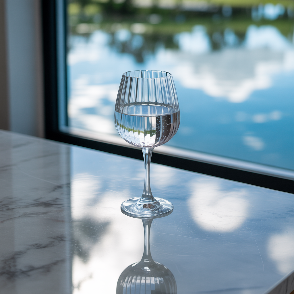 A crystal wine glass on a polished marble counter next to a 