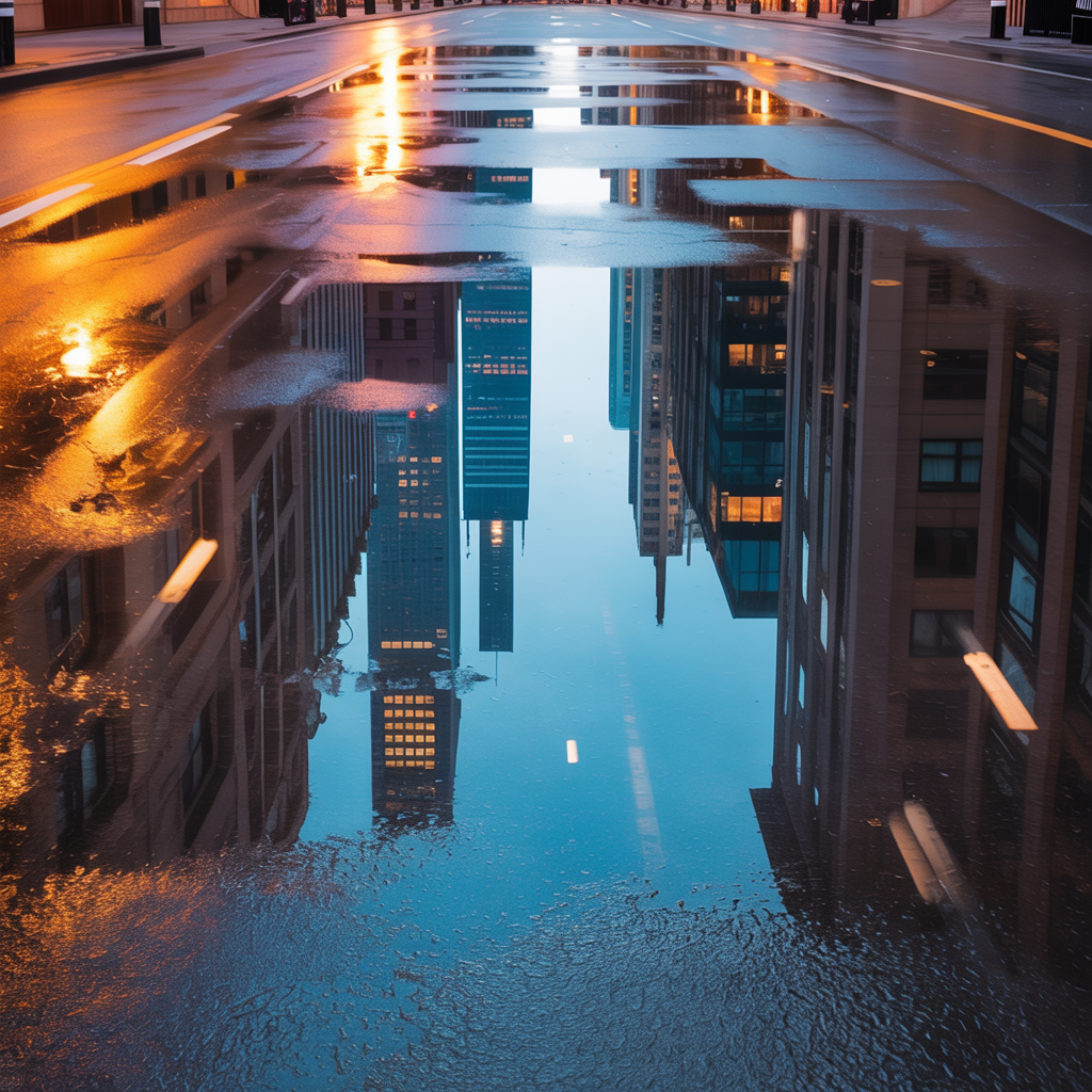 A city skyline reflected in a rain puddle on a street, with 