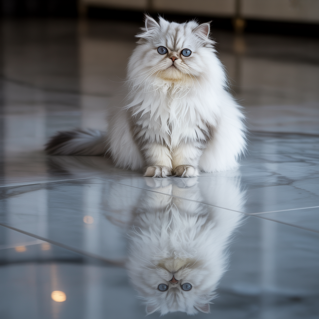 A cat sitting on a polished marble floor with its reflection