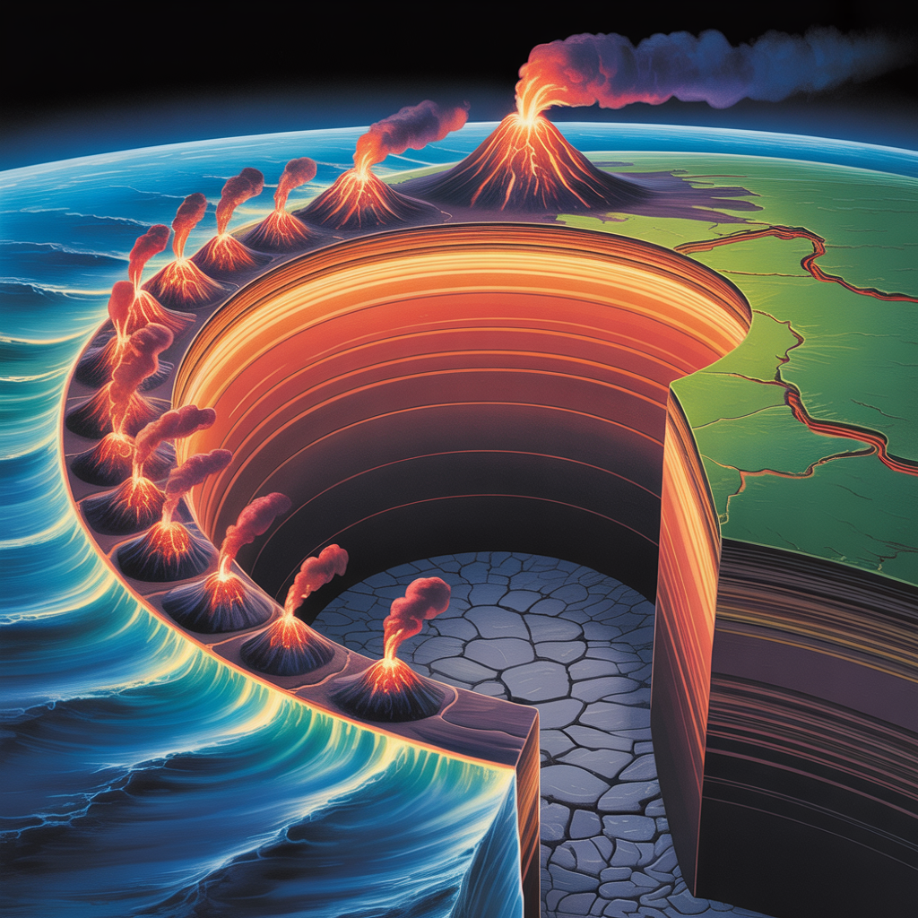 A cross-section showing tectonic plates at a convergent boun
