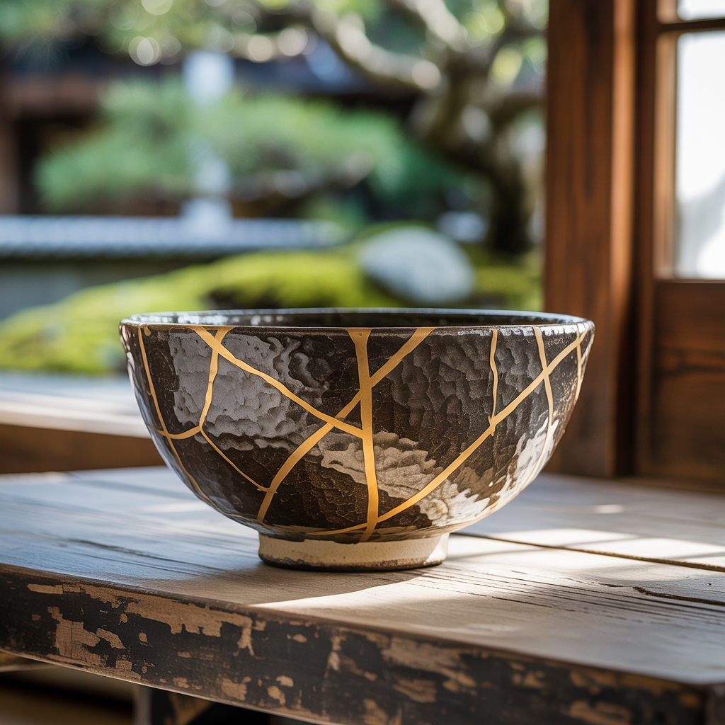 A Japanese kintsugi bowl — cracked ceramic repaired with vis