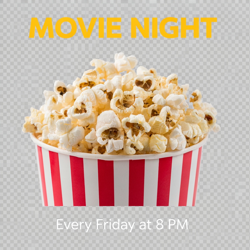 A movie night poster with a large popcorn image in the cente