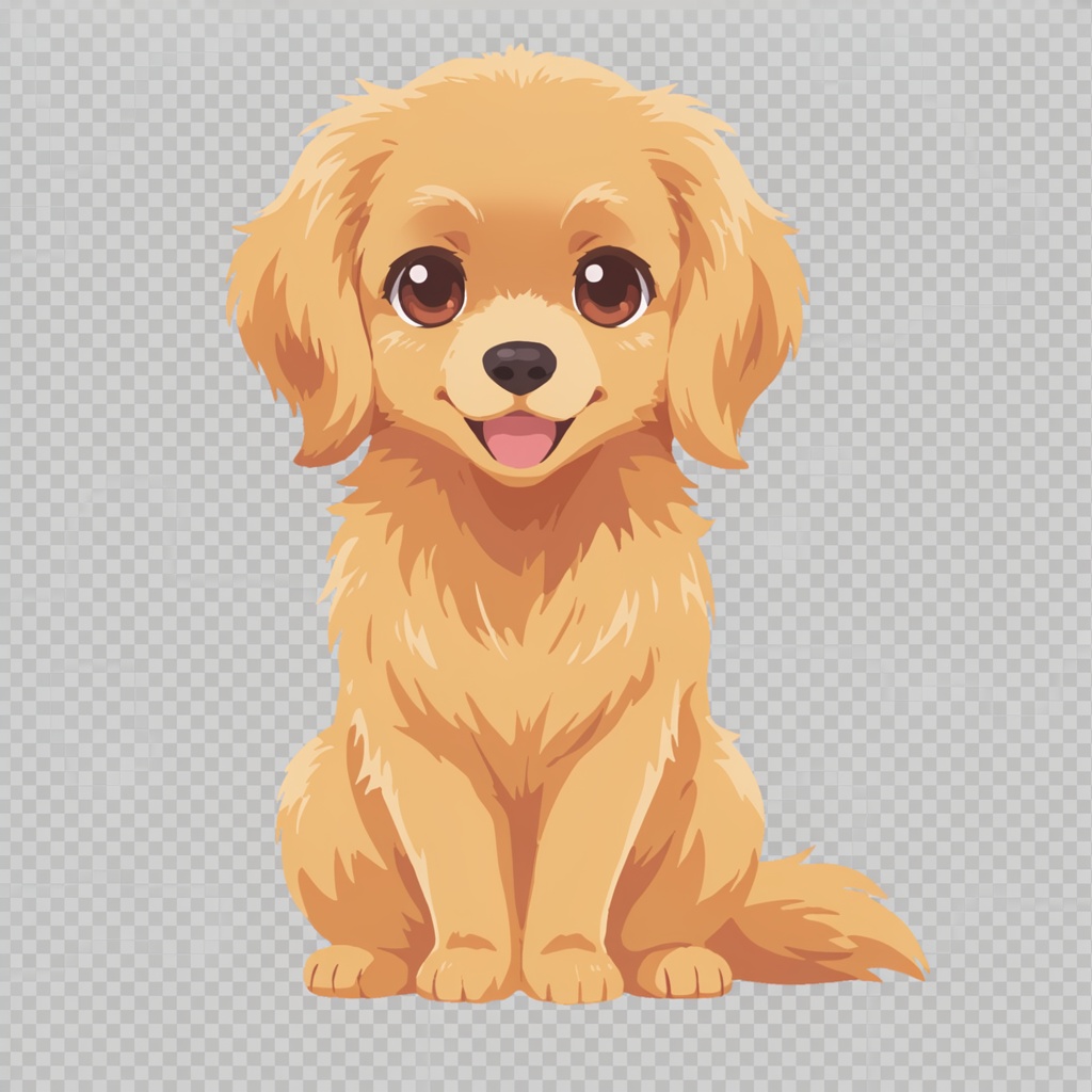 A golden retriever sitting in a garden, rendered in Japanese