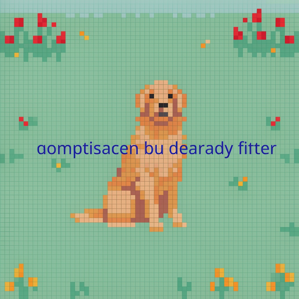 A golden retriever sitting in a garden, rendered in pixel ar