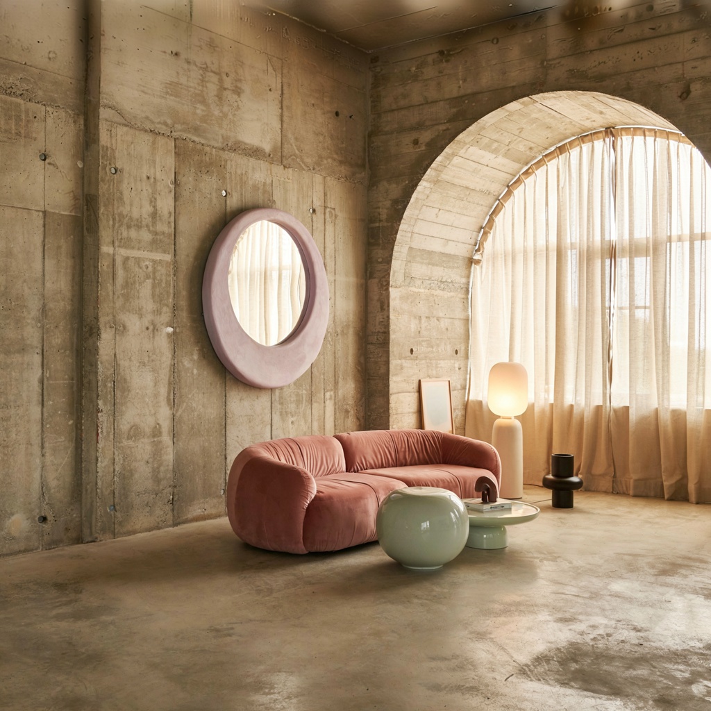 An interior scene rendered in soft brutalism — raw concrete 