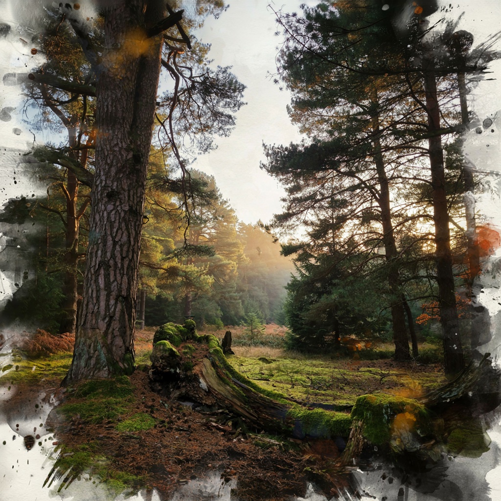 A forest rendered in photorealistic watercolor — the detail 