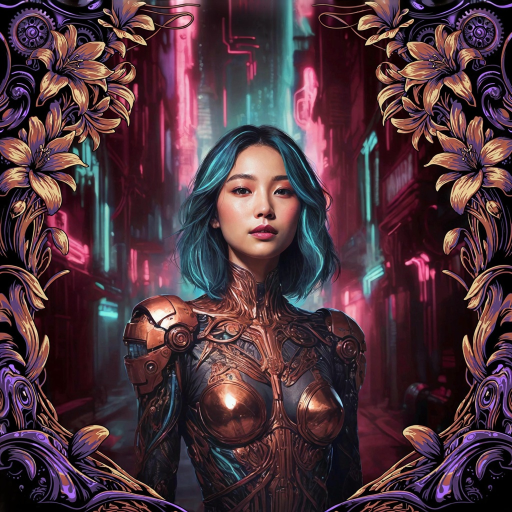 A woman in a futuristic city rendered in cyberpunk Art Nouve