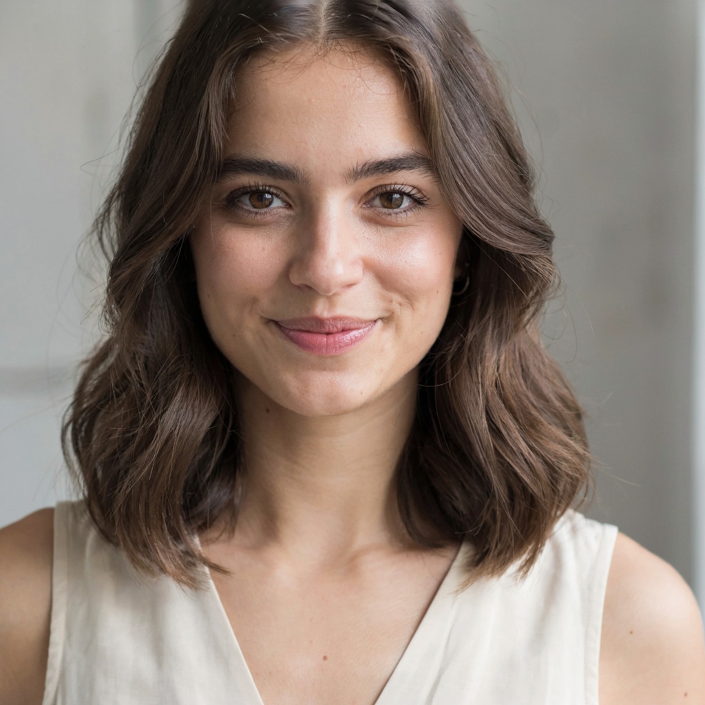 A close-up portrait of a young woman with a warm natural smi