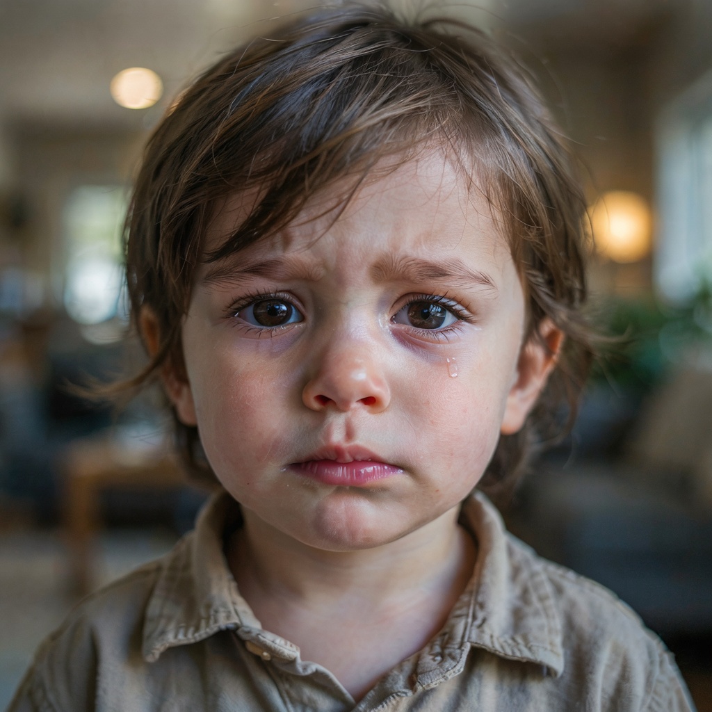 A 5-year-old child with round cheeks and large eyes, crying 