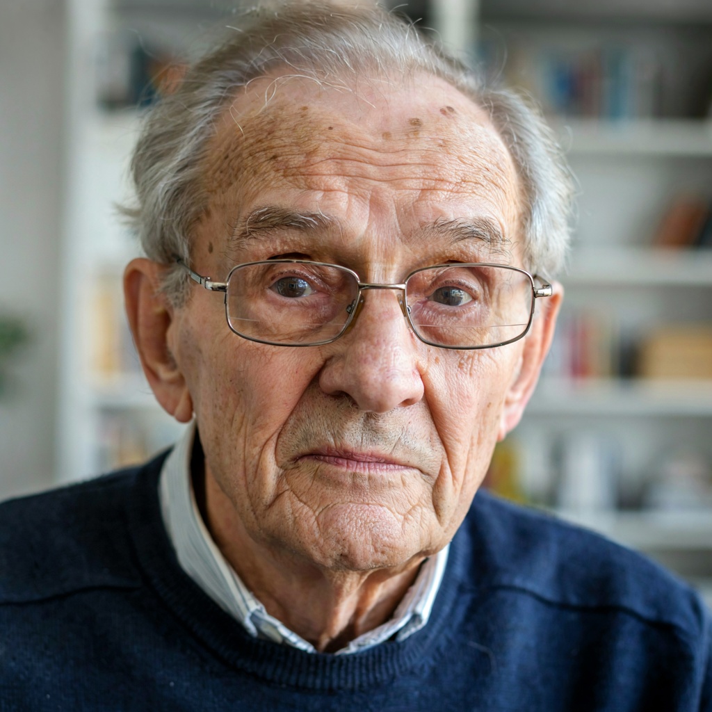 An elderly man in his 70s with age spots and thinning gray h