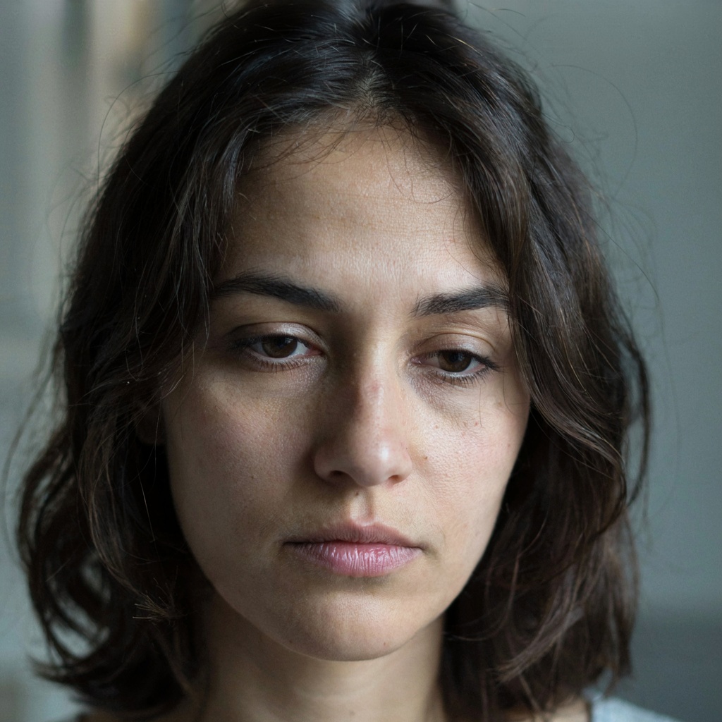 A face showing quiet melancholy — downcast eyes, slightly dr
